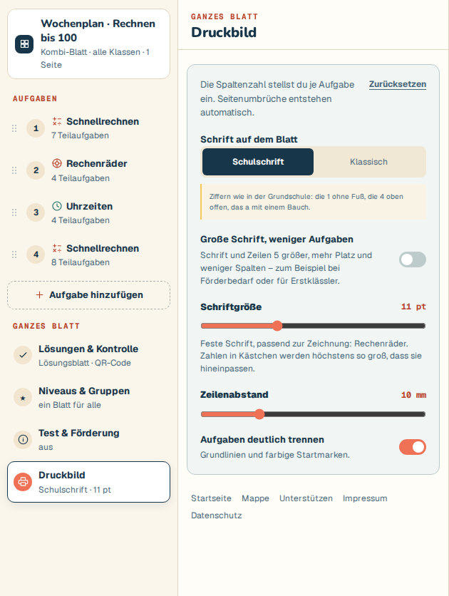Der Bereich Druckbild: Schrift, Große Schrift, Spalten, Regler für Schriftgröße und Zeilenabstand und der Schalter Aufgaben deutlich trennen.