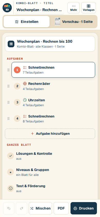 Der Editor am Handy: oben die Reiter Einstellen und Vorschau, darunter die Gliederung, unten die Knöpfe Mischen, PDF und Drucken.