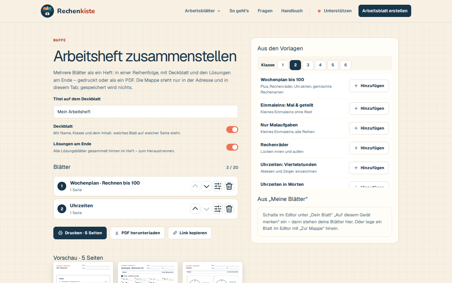 Die Seite Mappe: Titel des Deckblatts, Schalter für Deckblatt und Lösungen am Ende, eine Liste mit zwei Blättern und rechts Vorlagen zum Hinzufügen.