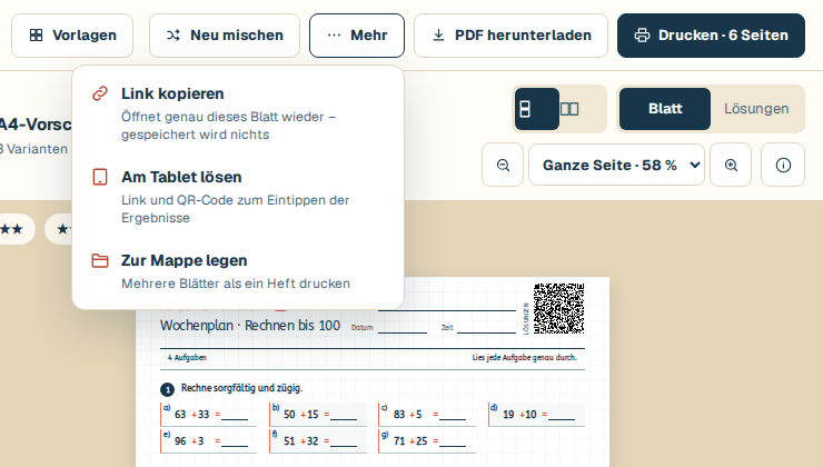 Das geöffnete Menü Mehr mit den Einträgen Link kopieren, Am Tablet lösen und Zur Mappe legen.